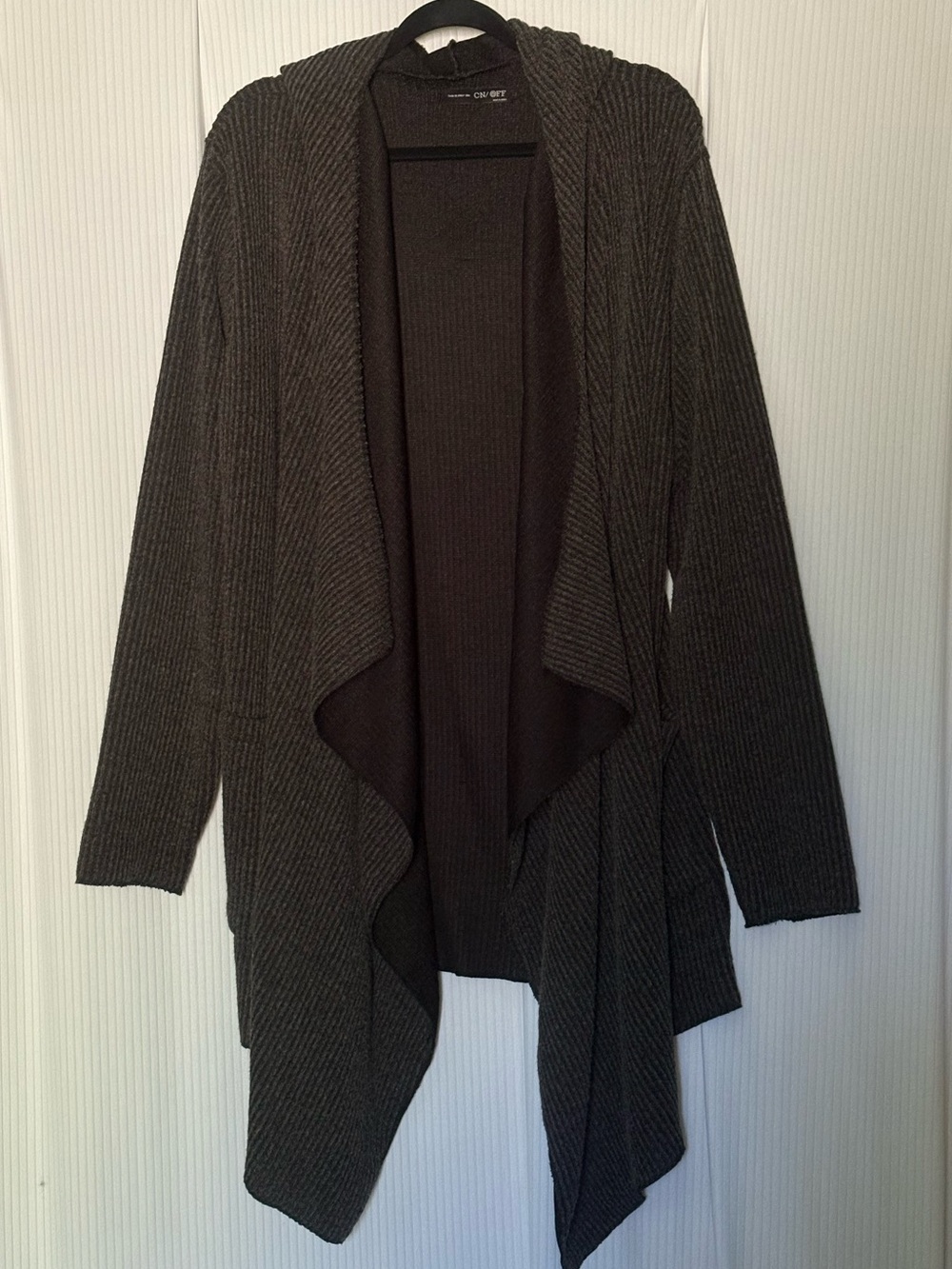 On/Off Cardigan Waterfall Open Front Pockets Charcoal Grey Hooded